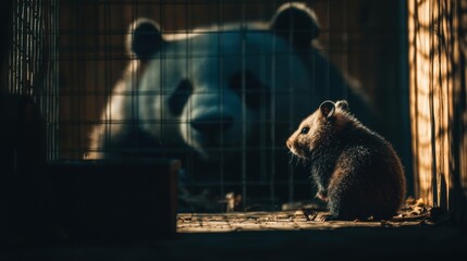 A tiny hamster sits in a cage, a giant panda looms behind.