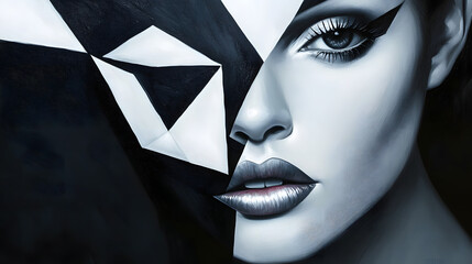 Oil paiting, beautiful woman, modern, beautiful make up, silver geometric sharpes on half face, black 