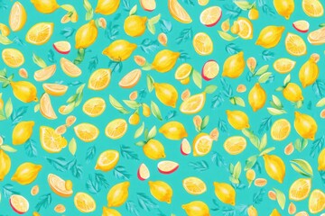 Seamless 3D Cartoon Pattern of Yellow Lemons on Turquoise Background for Textile Design