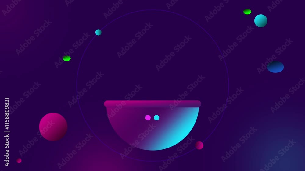 Aufkleber animation of mesmerizing cosmic bowl design surrounded by colorful orbs, set against a deep purple b