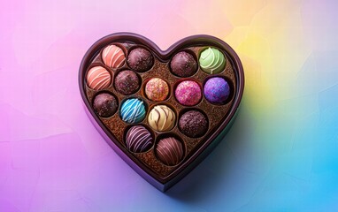 Heart-shaped chocolate box filled with assorted colorful truffles on a glowing rainbow gradient background for valentines day