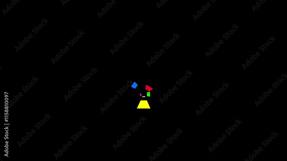Poster animation of dynamic abstract scene featuring vibrant geometric shapes converging against a stark bl