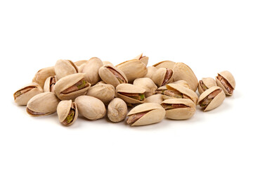 Pistachio nuts, isolated on white background. Close-up.