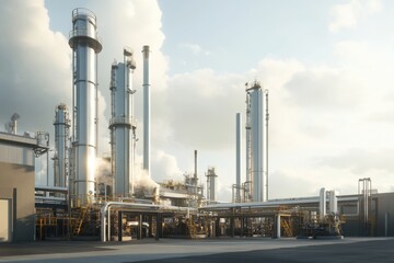 Industrial facility with tall towers and pipes at dusk in an urban environment