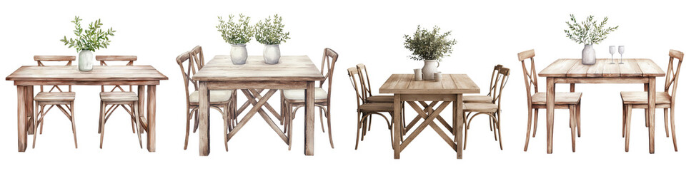 Rustic wooden dining table and chairs set up in a cozy farmhouse inspired interior space with decorative elements like plants vases and tableware for a warm and inviting meal time atmosphere