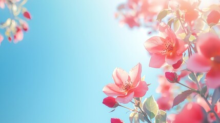 Fototapeta premium Sunny pink flowers against a clear blue sky.