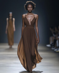 A runway model showcasing a flowing mocha mousse maxi dress with subtle draping, walking on a minimalist runway