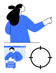 Person gesturing, cashback incentive on computer screen, and target symbol reflect focus on consumer benefits. Ideal for marketing, promotions, e-commerce, retail, customer engagement, sales