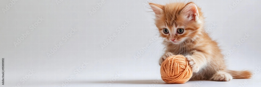 Poster cute kitten joyfully playing with a ball of yarn in a cozy indoor setting during afternoon. generati