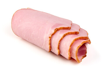 Thinly Sliced Ham, boiled sausage, isolated on white background.