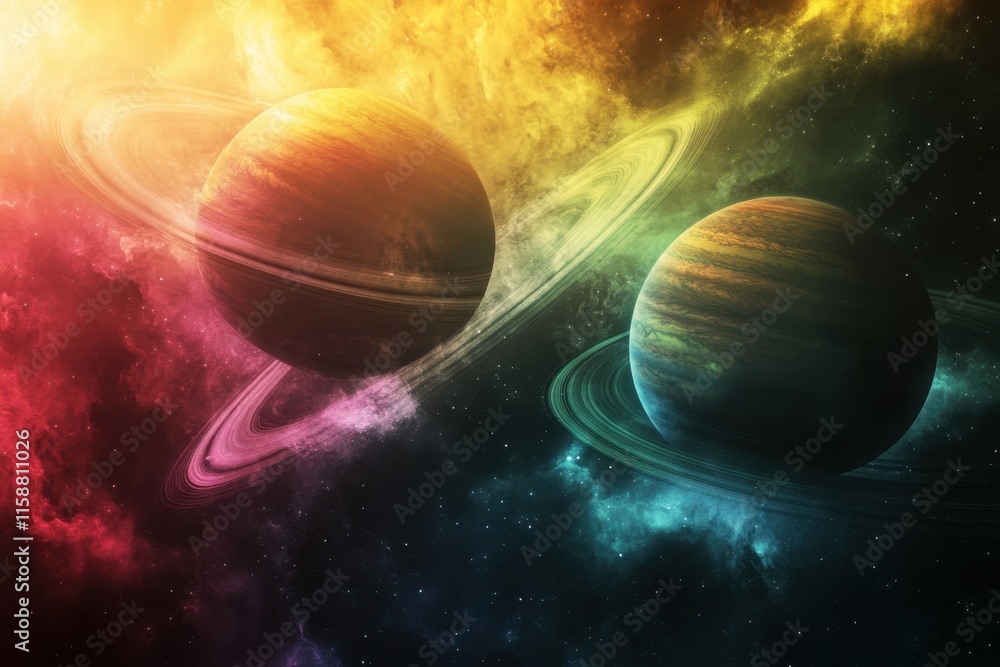 Poster colorful cosmic scene with two planets and vibrant rings floating in space