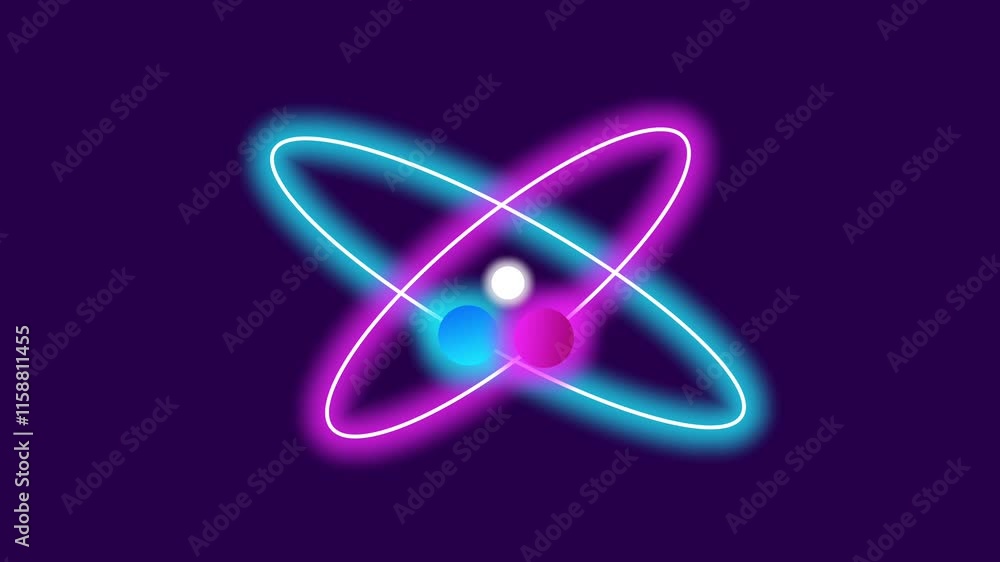 Poster animation of striking representation of atomic structure with vibrant orbs and glowing rings, set ag