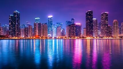 Naklejka premium Vibrant city skyline reflected in calm water at night.