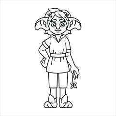 Cute fary tale character color line illustration. Pose and emotions of the forest elf.