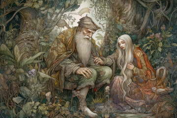 artistic scene from a Russian folk tale. In the center of the composition are an old man with a long gray beard and a young girl with long blond hair, sitting in the forest among dense vegetation.  