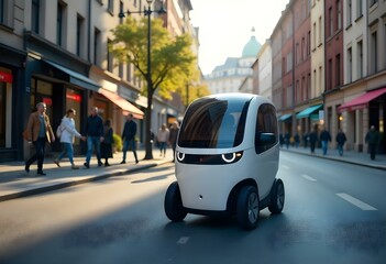 Futuristic electric microcar driving on a european city street