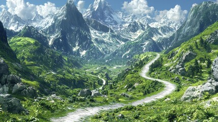 Winding road through a scenic alpine valley with snow-capped mountains.