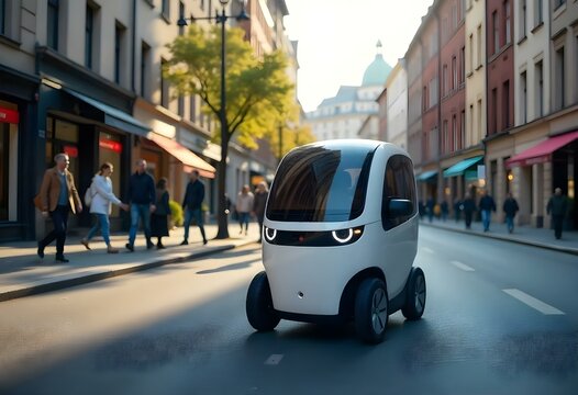 Futuristic electric microcar driving on a european city street - Powered by Adobe