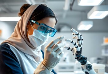 Muslim scientist wearing face mask and gloves testing robotic hand