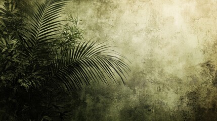 Tropical leaves on grunge textured wall background.