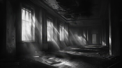 Sunbeams Illuminating a Decaying Hallway