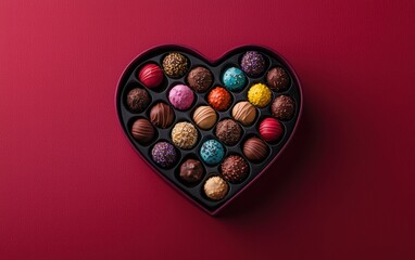 Heart-shaped chocolate box filled with assorted colorful truffles on a rich wine-red background for valentines day