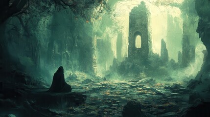 A Hooded Figure Contemplates a Ruined Tower in a Foggy, Verdant Landscape