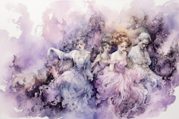 four elegant women in exquisite dresses, made in soft pastel colors. 