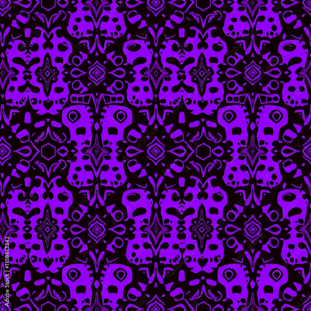 Poster purple skull pattern: dark and mysterious, this seamless textile design features a repeating pattern