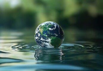 A glass sphere with the Earth inside, floating on water, green background