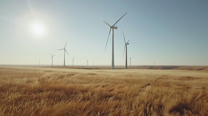 Wind turbines stand tall in a vast, dry field under a bright sun. Focus on renewable energy generation and sustainable power in an open landscape.

