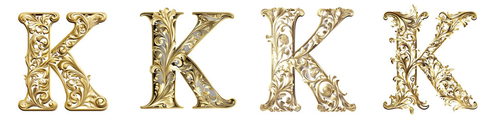 Alphabet Letter K, Elegant Gilded Ornate Scrollwork and Flourishing Calligraphic Lettering Decorative Design Elements  Vintage baroque style ornament floral and filigree pattern