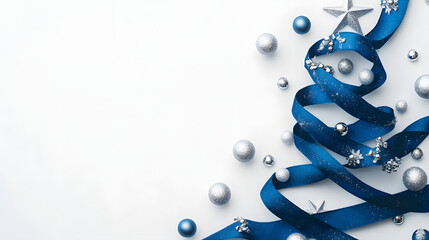 
top view a blue ribbon in the form of a christmas tree with silver small balls and a silver star at the top is located on a white background top view