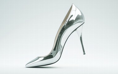 Fototapeta premium Sleek silver high heel hovering mid-air on a pure white background