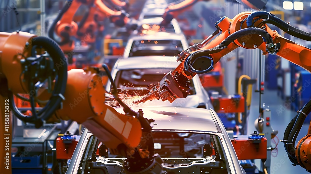 Poster automated robotic arms work on car bodies in a factory assembly line. focus on industrial automation