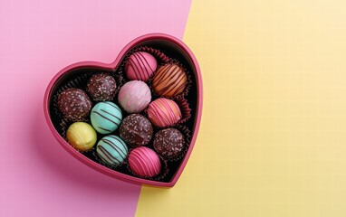 Heart-shaped chocolate box filled with assorted colorful truffles on a pastel ombre background transitioning from yellow to pink for valentines day