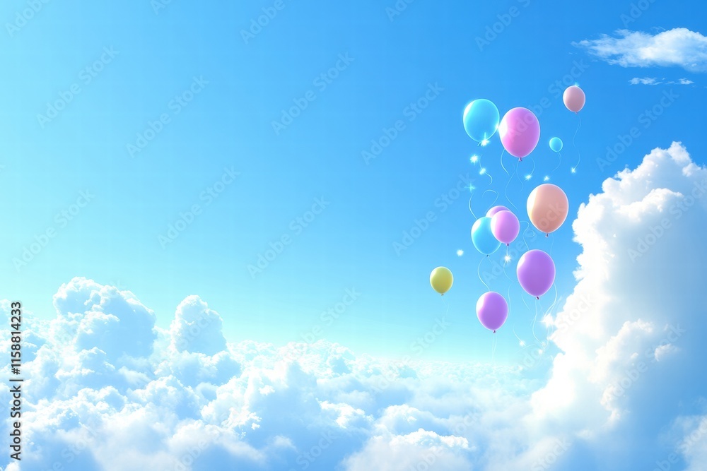 Poster colorful balloons float gracefully in a blue sky with fluffy clouds on a sunny day. generative ai