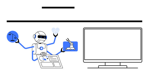 Robot with multiple arms holding a scale, heart, and robotic arm model while managing documents. Ideal for technology, automation, artificial intelligence, futuristic concepts, robotics, innovation