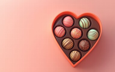 Heart-shaped chocolate box filled with assorted colorful truffles on a pastel coral background for valentines day