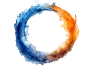 Orange and blue watercolor stain in a ring shape with fluid gradients and soft edges, isolated on a transparent background in PNG format.
