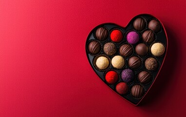 Heart-shaped chocolate box filled with assorted colorful truffles on a bright red background for valentines day