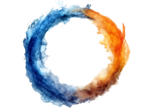 Orange and blue watercolor stain in a ring shape with fluid gradients and soft edges, isolated on a transparent background in PNG format.