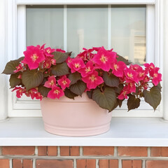 A pink flower pot with pink flowers sits on a window sill