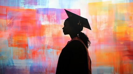 Silhouette of a female graduate in cap and gown against a colorful abstract background.