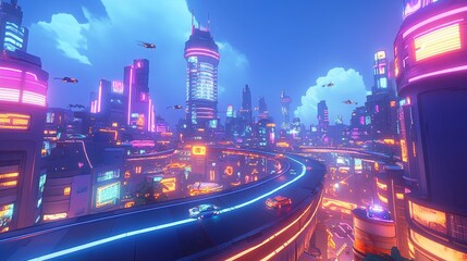 Naklejka premium Futuristic cityscape with neon lights, flying cars, towering skyscrapers, glowing streets, abstract shapes, sleek architecture, dynamic lighting, and sci-fi elements in a high-tech urban environment.