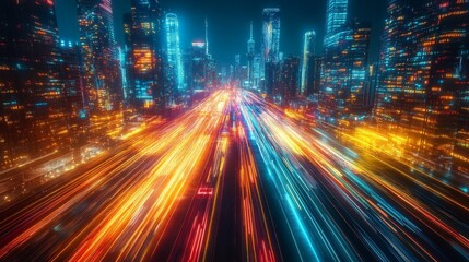 Fototapeta premium Futuristic cityscape with neon lights, flying cars, towering skyscrapers, glowing streets, abstract shapes, sleek architecture, dynamic lighting, and sci-fi elements in a high-tech urban environment.