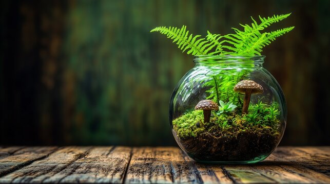 Miniature Ecosystem Terrarium with Moss, Ferns, and Mushroom
