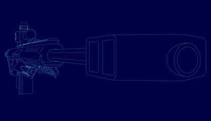 Blue background with a image of a rifle. The rifle is surrounded by a lot of dots, giving it a futuristic look