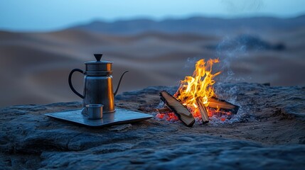Small campfire by rolling sand dunes with coffee pot and cup on a flat rock