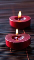Two heart-shaped red candles flicker gently on a bamboo mat, creating a warm and romantic ambiance.